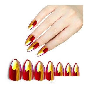 Unghie finte 28 pezzi punte a spillo olografiche specchio effetto pigmento cromato gel uv strumenti per nail art finti consegna goccia salone di bellezza salute Dhz0J