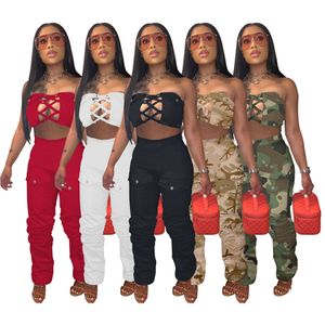 designer Womens Two Piece Sets Bandage V Cut Strapless Tube Top and Loose Pocket Cargo Pants 2023 Casual Tracksuits 9364