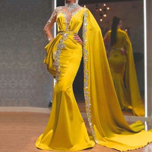 2023 Casual Dresses Gold Party High Neck Beaded Rhinestones Mermaid Prom Gown Cape Long Sleeves Satin Arabic Dubai Yellow size s m l xl 2xl