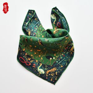 Shawls Army green luxury natural silk scarf women spring printed bird 100 real twill scarves wrap shawl square 50cm bandana lady 230227