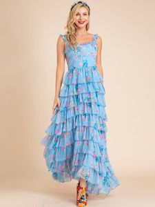 Lässige Kleider LINDA DELLA Sommer Boho Strand Maxikleid Damen Spaghettiträger Cascading Rüschen Blumendruck Langes blaues UrlaubskleidCa