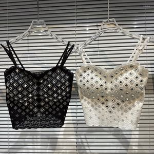 Women's Tanks PREPOMP 2023 Spring Summer Collection Sleeveless Plaid Rhinestone Chest Padded Crop Top Women Camisole GH259