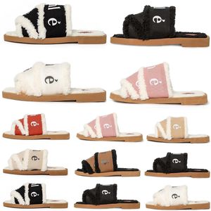 2024 Woody Mules Women Designer Slippers Slides Sandals Fur Canvas Shearling Fashion Flat White Black Sail Woman Outdoor Beach Pantoufle Winter Slide Sandal