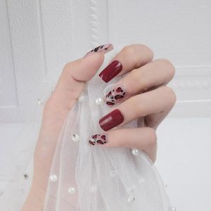 False Nails 24PCS Short Fingernail Sticker Red With Leopard Print For Bridal Wedding Manicure Reusable ABS Easy To Wear