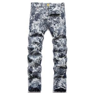 Jeans Masculino Outono e Inverno Bordado Estampa de Leopardo Alta Qualidade Estilo Italiano Macio Casual Algodão Stretch Pés Listras 3D2 230227