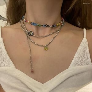 Цепи корейские дизайнерские чувства ниша стекло текстура 3 слоистые ожерелья красочные цветы.