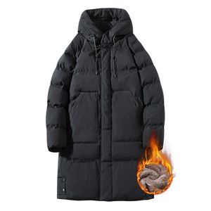 Vinter män lång parka varm jacka hane fleece foder huva vindbrytare kappa tjock bomull vadderad termisk parkor plus storlek topp