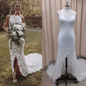 Neue preiswerte böhmische sexy arabische Meerjungfrau-Hochzeitskleider Sommer Strand Neckholder rückenfrei volle Spitze Sweep Zug formale Brautkleider in Übergröße