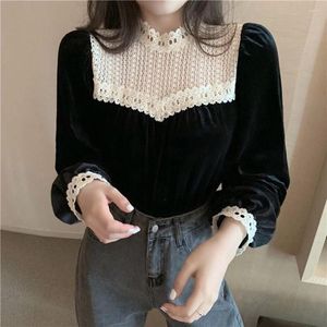 Women's Blouses Black Women Clothes Lace Velvet Tops Fashion Korean Vintage Shirts Blusas Mujer De Moda Elegant Stand Neck Slim