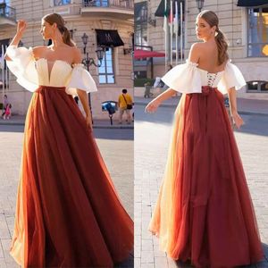 Elegant Prom Dresses A-line Strapless Pleats Independent Sleeves Tulle Dress Lace Up Backless Custom Made Floor Length Evening Dress Plus Size Vestido De Noite