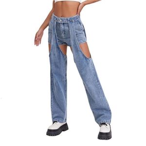 Dżinsy damskie seksowne puste z pustej proste kobietę luźna moda dwuczęściowy zestaw z odłączanym rękawem streetwearu dżinsowe spodnie W2508 230228