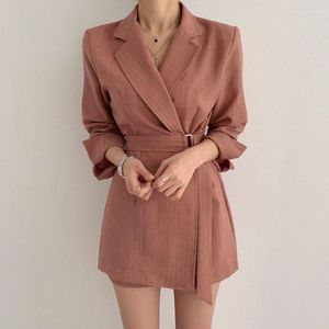 Casual Kleider Frauen Frühling Drehen Unten Kragen Langarm Blazer Kleid Vintage Büro Dame Sashe Hohe Taille Gestreiften Elegante Vestidos