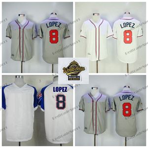 Mens 8 Javier Lopez Baseball Jerseys Vintage 1995 WS White Grey Navy Blue White Stitched Shirts