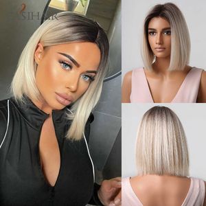 Synthetic Wigs Short Straight Bob Wigs Ash Blonde Ombre Natural Hair Dark Root Synthetic Middle Part for Women Heat Resistant Cosplay 230227