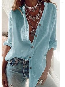 Women's Blouses Cotton Linen Shirts Office Ladies Autumn Solid Tops Grey White Fashion Button Up Shirt Women Casual Roll Long Sleeve Blouse