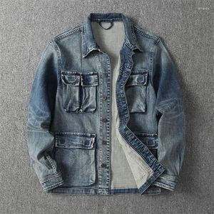 Giacche da uomo Autunno Inverno American Retro Giacca cargo in denim spesso pesante Moda uomo Elastico lavato Multi tasca M65 Casual