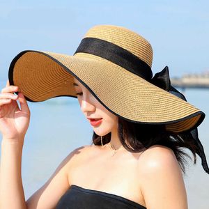 Breda brimhattar enkla sommarkvinnor Straw Hat Bowknot Bred Brim Floppy Panama Hats Female Lady Outdoor Foldble Beach Sun Cap G230227