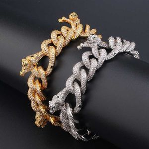 Fashion Men Hip Hop Jewelry Bangles Full Iced Out Panther Design Cuban Bracelet 18K Gold Plated CZ Prong Cuban Link Bracelet