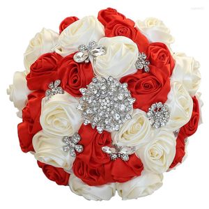 Decorative Flowers Red Korean Style 2023 Bride Holding Pearl Rhinestones Handmade Wedding Bouquet For Use In Church B04