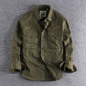Мужские повседневные рубашки ретро мужская грузовая рубашка куртка Canvas Cotton Khaki военная униформа легкая работа сафари в стиле мужская одежда 230228