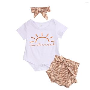 Set di abbigliamento 2023 Summer Born Infant Baby Girl Clothes Manica corta Lettera Stampa Pagliaccetto Top Ruffle Gonne Fascia per capelli Set 0-18M