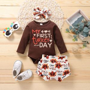 Clothing Sets 3PCS Born Baby Girls Clothes Thanksgiving Day Funny Letter Romper Shorts Headband Costume Outfits Girl 3-24 M