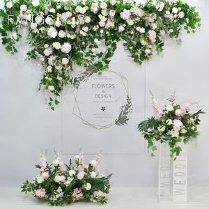 Fiori decorativi Serie Sen di lusso Fila di fiori Sfondo di matrimonio Decorazione da parete Pianta verde Foglia Rosa bianca Palla floreale Palcoscenico per feste Prop