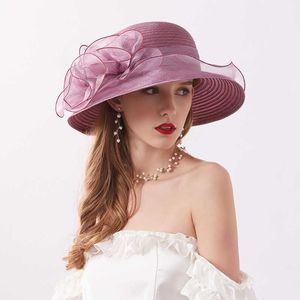 Cappelli a tesa larga Cappelli da sole in organza per le donne Fiore Estate Cappello a tesa larga a tesa larga Femminile Elegante floreale UV Cappelli da sposa in chiesa 2022 Nuova moda G230227