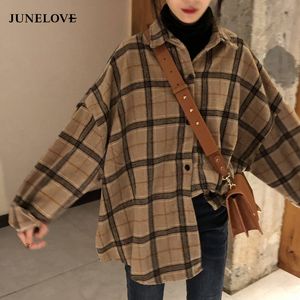 Damen-Blusen-Hemden, JuneLove, weibliche Herbst-Straßen-Blusen-Hemden, Vintage, übergroßes Plaid-Flanell-Boyfriend-Tunika-Hemd für Frauen, lässige koreanische Tops, 230228