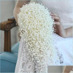 Wedding Flowers Luxury Bride Bouquet Marriage White Flower Bridal Pearl Handmade Waterfall Drop Dht1G