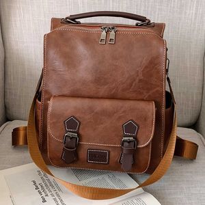 WR 2023 Trendy damesrugzak Vintage PU Leather Daypack Brown Mochilas Para Mujer Casual Travel Bag Retro Student School 230223