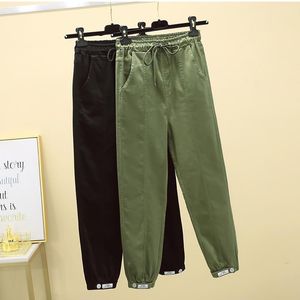 Women's Pants & Capris Spring Autumn Elastic Waist Lace Up Cargo For Woman Plus Size Buttons Stretch Loose Ankle Length Female Army Green