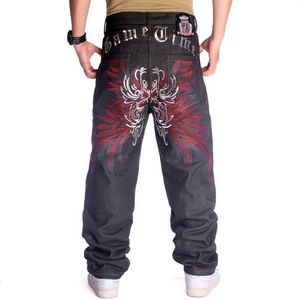 Men's Jeans Mens Top Rushed Stripe Loose Hip Hop Men Printed Hiphop Demin Pants Trousers Embroidered Flower Wings 230227