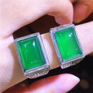 Cluster Rings Natural 10 14mm Green ChalCedony Men's Ring Jade Color Shank Inlaid