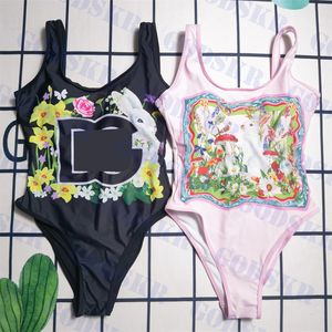 Big Letter Logo Swimwear Flower Pattern Bikini Womens One Piece Swimsuit Cute Pink Bathiing Suit Sisters Bikinis