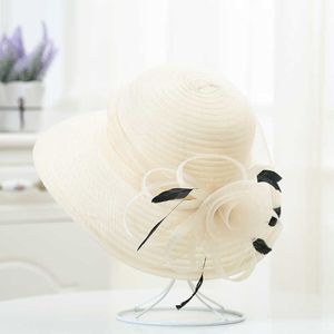 Cappelli a tesa larga Elegante cappello estivo da donna a tesa larga Grande fiore di raso Nastro Piuma Floppy Beach Cappello da sole Kentucky Derby Matrimonio Chiesa Cappelli G230227