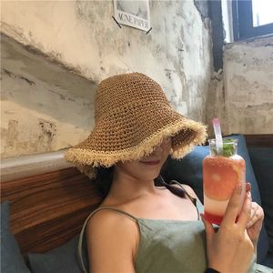 Wide Brim Hats Simple Raffia Tassels Girl Sun Hats Wide Brim Floppy Summer Straw Hats For Women Beach Panama Dome Bucket Hat Female Shade Cap G230227