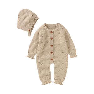 Jumpsuits Autumn Baby Romper Knit 100%Cotton Born Girls Jumpsuit Outfits Långärmad spädbarn Kid Solid Ruffle PlaySuit Hat 2st kläder 230228