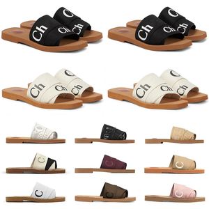 Woody Designer Chinelos Sandálias Sliders Sliders Feminino Mules Flat Slide Tan Bege Branco Preto Rosa Letras Tecido Canvas Mulher Chinelo Slider Sandália Scuffs