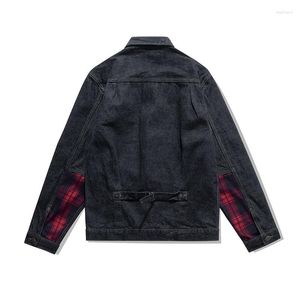 Giacche da uomo Amekaji Vintage 15OZ Giacca di jeans da uomo Primavera Autunno Pesante Peso primario Risvolto Colorblock Plaid Cappotto cardigan con orecchie rosse