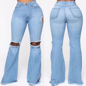 Jeans femininos S-xxxl rasgado para mulheres altas cinturas vintage com buracos borla Bell Bottom jean jeans calças calças