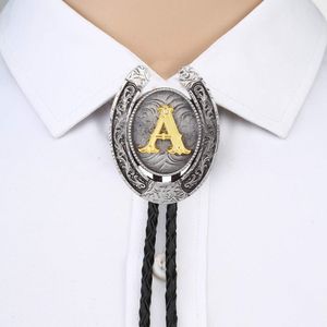 Bow Ties Vintage Gold Letter ABCDEFGZ U shape bolo tie for man Indian cowboy western cowgirl leather rope zinc alloy necktie 230228