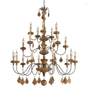 Pendant Lamps American Retro Gold Foil Distressed Solid Wood Carving Lamp Villa In The Hallway El Bedroom Decorative Chandelier