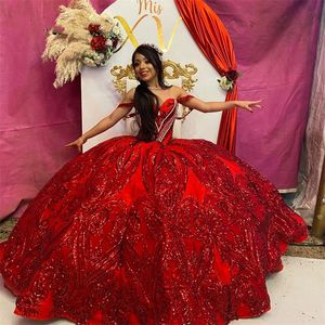 Sexig röd spets sjöjungfru quinceanera klänningar 2023 för svarta flickor glittrande paljetter födelsedagsfest klänning examen klänning klänning de Bal 322