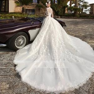 Elegant Ball Gown Wedding Dresses Appliques O Neck Long Sleeves A Line Long Satin Bridal Dress Plus Size Country Wedding Gowns