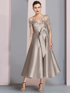 Cáqui A linha Mãe da Noiva Vestido 2024 Casamento Convidado Vestidos de Festa Elegante Scoop Neck Chá Comprimento Cetim Renda Meia Manga com Arco Robe De Soiree