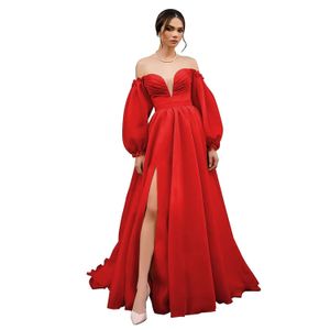 Vermelho fora do ombro vestidos de baile manga puff 2024 dividir longo formal vestidos de festa à noite