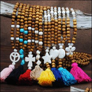 Beaded Necklaces Long Statement Tassel Pendant Necklace Handmade Knotted Wood Beads Buddha Jewelry For Women Girl Wooden Stone Drop Dhvat