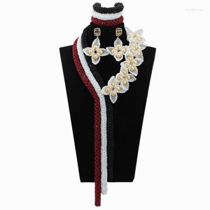 Necklace Earrings Set Wine And White Crystal Wedding African Beads Jewelry Flower Petals Pearl Statement Bridal HX714