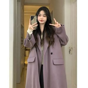 Kadın Yün Karışımları Kadın Yünleri Karışımlar Sonbahar ve Kış Mor Günlük Gevşek Ceket Kore Versiyonu Hepburn Orta Uzun Yün 230227
